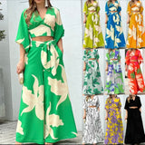 Women Spring Two Piece Set wide Casual print pants