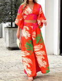 Women Spring Two Piece Set wide Casual print pants