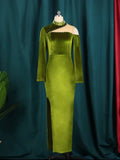 Elegant long sleeve dress Velvet Cut Out Beading Slit Long