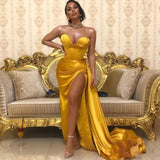 Gold Sweetheart Prom Dresses Satin Long Evening Gown Sexy