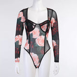 Women Floral Print Long Sleeve Skinny Bodysuit