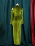 Elegant long sleeve dress Velvet Cut Out Beading Slit Long