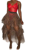 Fashion Leopard Print Cascading Ruffle Maxi Skirt Sheer Mesh Long Clothing Casual Skirts