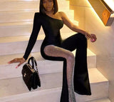 Women's One Shoulder Long Sleeve Bandage Jumpsuit