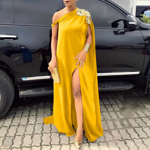 Women Off Shoulder Dress 2022 VONDA Vintage Solid Color Embroidery Long Maxi Dresses Bohemian Sundress Front Fork Party Vestido