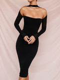 Mesh Long Sleeve Bodycon Midi Dresses for Women