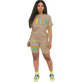 Letter Print Summer Casual Two Piece Set O Neck Short Sleeve