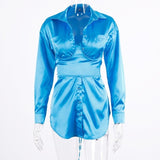 satin long sleeve with belt bandage sexy mini shirt dress autumn