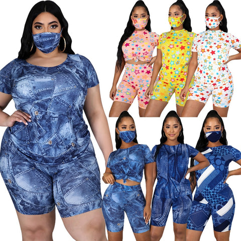 Women Top Short & face mask Sets 3 Pieces set plus size