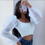 Mesh Long Sleeve Crop Tops Women Backless