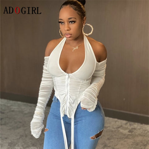 Long Stacked halter zipper Female Hot Tees corset
