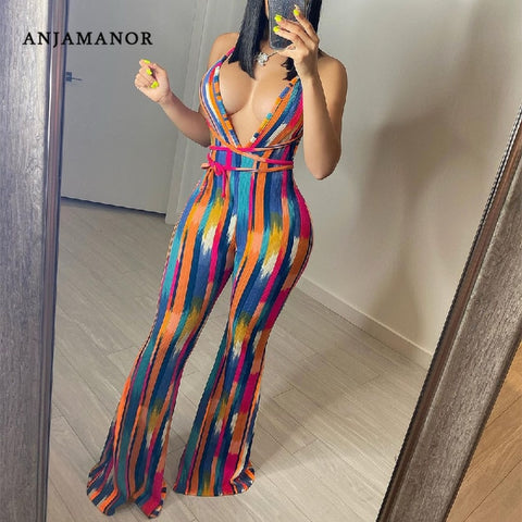 Halter Backless Striped Jumpsuit